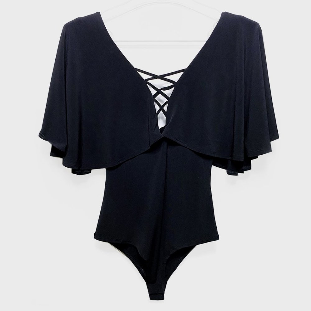 Black Cape Plunge Lace-Up Body-Suit by Forever21